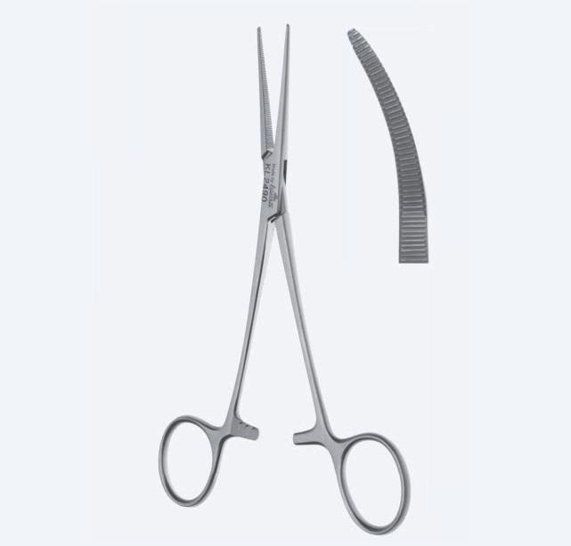 Зажими, хір., гемостатичні, "Crile", делікатні, вигнуті, зубчаті щелепи, з кремальєрою, довжина 160 мм, 6 1/4". Бренд - Asanus Medizintechnik Gmb, Німеччина